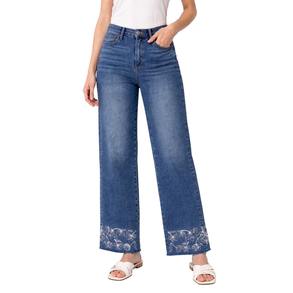 Driftwood Charlee Wide Leg Embroidered Jeans Floral Cuff Raw Hem Blue Denim 30